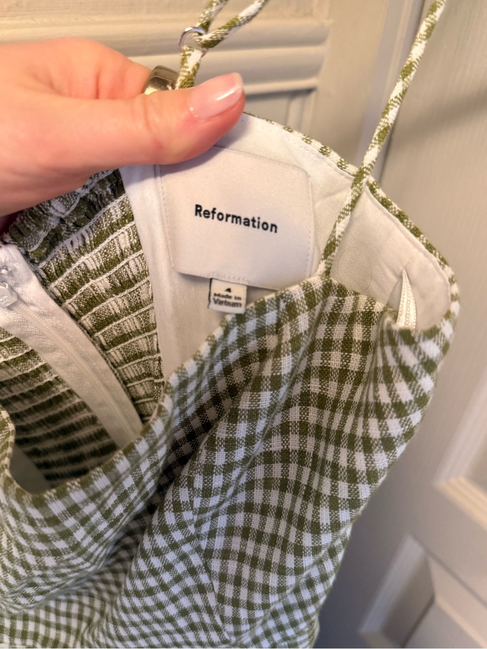 Reformation Monette Gingham Spaghetti Strap Maxi Dress in Avocado, 4 - Picture 4 of 5